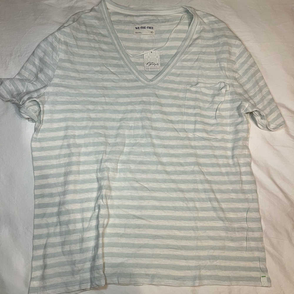 We The Free Light Blue and White V-Neck Tee